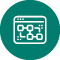 Icon with green circle and white outline of a computer broswer and cogs