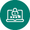 Icon with white outline of a laptop and a padlock in a teal circle